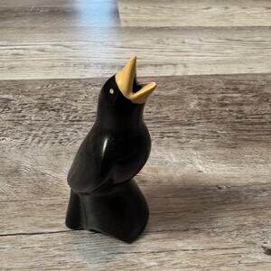 Vintage Black Ceramic Bird Figurine Hand Painted Folk Art